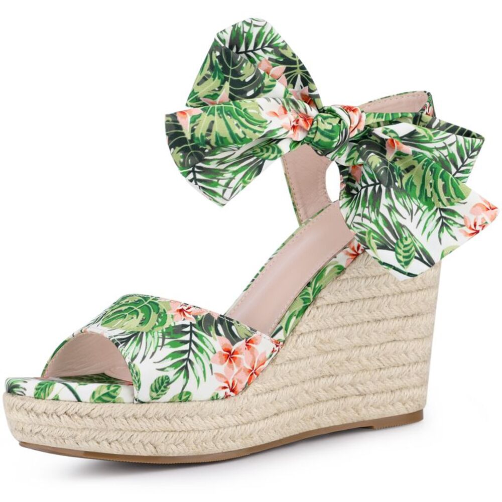 Platform Floral Printed Slingback Espadrille Wedge Sandals Green